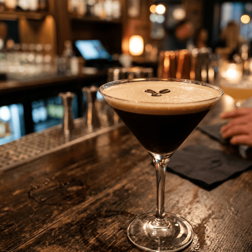 Espresso martini topped with three coffee beans on a wooden bar